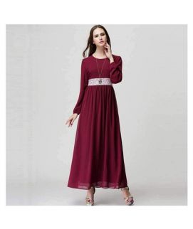 Women's Maroon Long Sleeve Chiffon Kaftan Floor Length Lace Dress