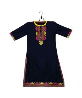 Navy Cotton Embroidered Kurta for Girls
