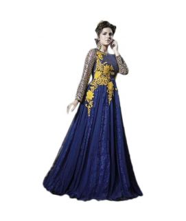 Blue Embroidered Printed Stitched Gown