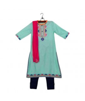 L Sea Green Cotton Embroidered Kurta for Girls