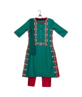 Green Cotton Embroidered Kurta for Girls