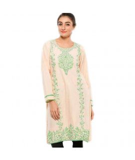 Women's Pink And Green Embroidered Kurti