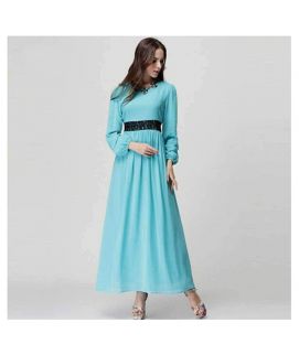 Women's Blue Long Sleeve Chiffon Kaftan Floor Length Lace Dress