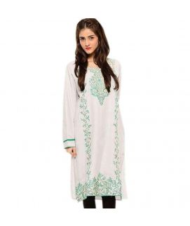 Women's White And Green Embroidered Kurti