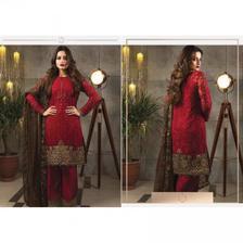 Red Chiffon Embroidered Suit - IM09