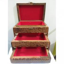 Antique Wooden jewellery Box Three Stories 10 inch Solid Floral Designs - Brown Wood Color By Product Wala