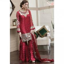 Sharp Red Embroidered Dress with Silk Touser