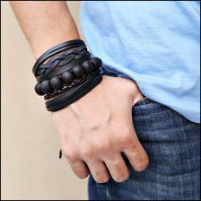Discounted shop Pack of 3 BLACK Leather & Bead Bracelet Wrist Bands For Men