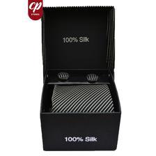Cut Price Tie Gift Box Set 3 Pcs Tie Cuff-Link Pocket Square Black Light Gold Doted Lines