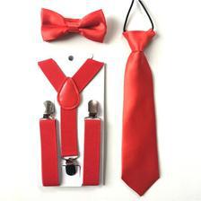 Dark Red Elastic Suspenders ,Tie  And bow tie For Kids