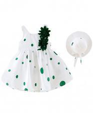 Perimedes White Green Dotted Cotton Sleeveless Baby Dresses