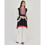 Black Flared Embroidered Tailed Kurti