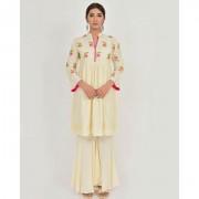 Off-White Flared Linen Embroidered Kurti