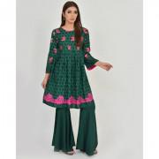 Green Flared Linen Embroidered Kurti