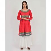 Red Printed & Embroidered Frock Kurti