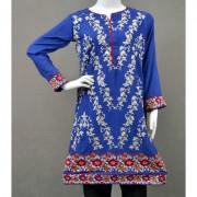 Blue Linen Embroidered Kurta for Women